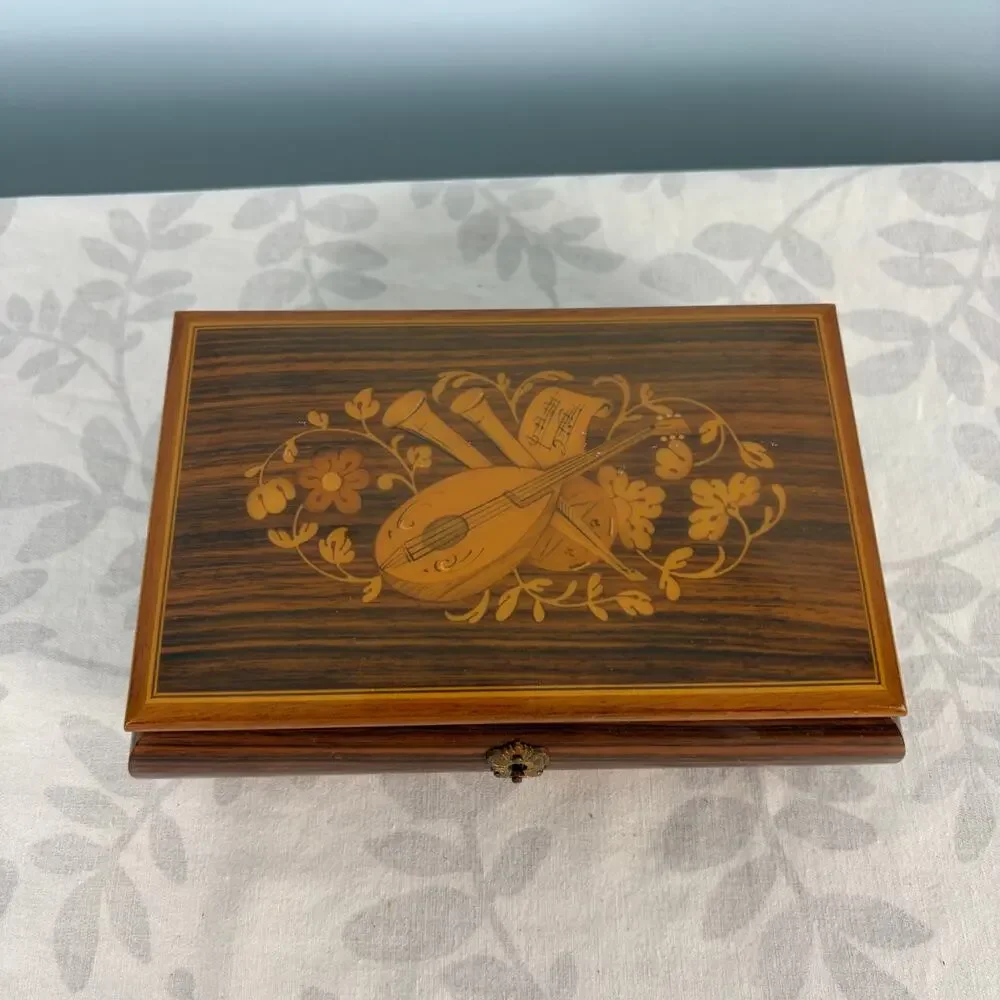 Vintage Italian Style Marquetry Music Box Musical Jewelry Box Isle of Capri